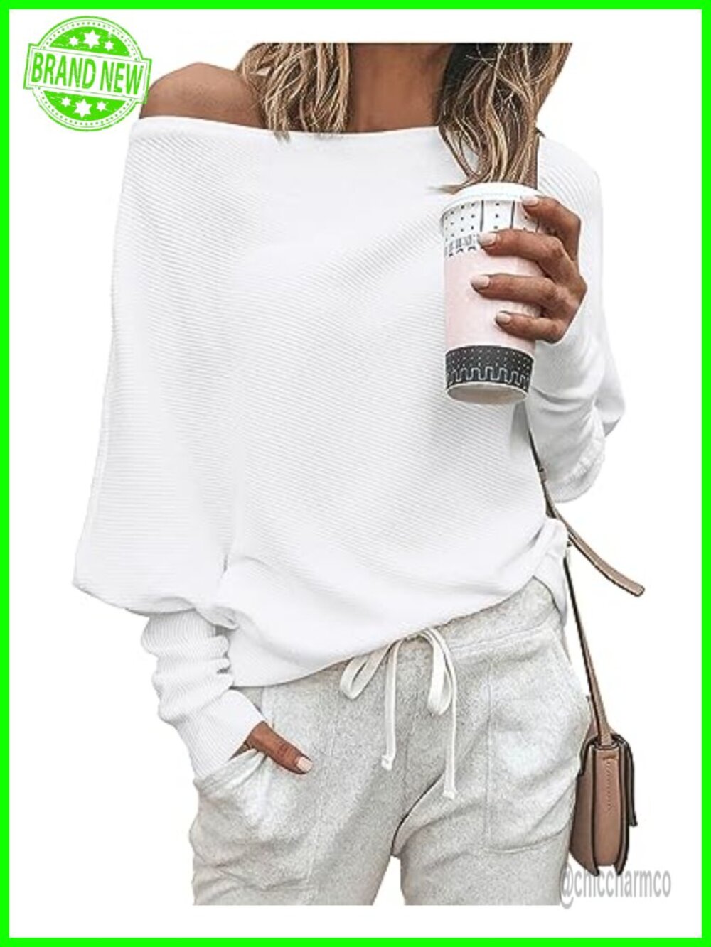 Off The Shoulder Knit Pullover Sweater Batwing Long Sleeve Loose Fit